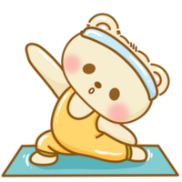 Hand drawn illustration Kawaii Yellow Bear doing Yoga stretching pose meditation cute cheerful character poster clipart print isolated on white. png