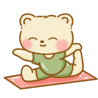 Hand drawn illustration Kawaii Yellow Bear doing Yoga stretching pose meditation cute cheerful character poster clipart print isolated on white. png