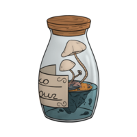 Illustration of jar with mushrooms in blue liquid inside without background png