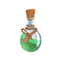 Illustration of green potion in glass bottle with wooden stopper in casual style without background png