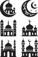 A silhouette image of a mosque with a mosque and a mosque in the center. vector