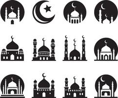 A silhouette image of a mosque with a mosque and a mosque in the center. vector