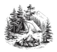 Tent in the woods sketch drawn in doodle style illustration vector