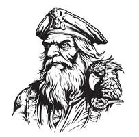 Bearded men with a pirate cap on his head, Hand Drawn Sketch vector