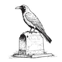 Raven sitting on the grave hand drawn sketch illustration vector