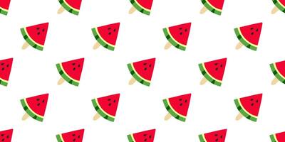 Ice cream Watermelon diagonal seamless pattern. Print of a triangular piece of summer fruit with seeds on a stick on a white background. Sweet dessert food. Juicy, refreshing. illustration vector