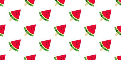 Ice cream Watermelon diagonal seamless pattern. Print of a triangular piece of summer fruit with seeds on a stick on a white background. Sweet dessert food. Juicy, refreshing. illustration vector