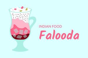 Indian food Falooda. Traditional dessert with sabji or chia seeds, milk, rose syrup and cream. Cold sweet drink in glass. Pakistani dish. Meals for Ramandan. Side view isolated. illustration. vector