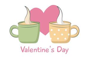 Two cups of hot coffee. Postcard for Valentine Day. Dating of a loving couple. Heart shape. Mugs with handles. Drinkware. Meeting loved ones. Color image with outline. illustration. vector