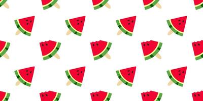 Ice cream Watermelon pattern. Seamless Print of a triangular piece of summer fruit with seeds on a stick. Bite a sweet dessert. Lollipop. Juicy, refreshing food. illustration vector