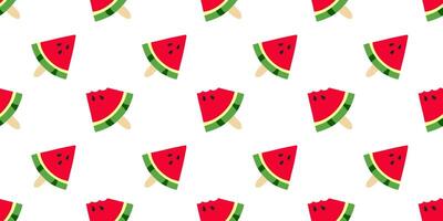 Ice cream Watermelon pattern. Seamless Print of a triangular piece of summer fruit with seeds on a stick. Bite a sweet dessert. Lollipop. Juicy, refreshing food. illustration vector