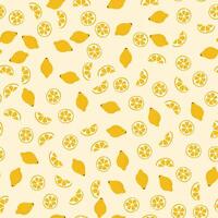 Pattern of whole and pieces of lemons. Citrus fruit on a yellow background. Cut circle of citron. Randomly scattered. Vitamin C. Seamless summer print. Color image. Doodle style. illustration. vector