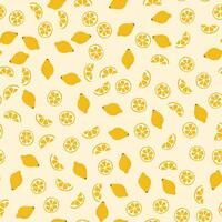 modelo de todo y piezas de limones agrios Fruta en un amarillo antecedentes. cortar circulo de cidra. al azar disperso. vitamina C. sin costura verano impresión. color imagen. garabatear estilo. ilustración. vector