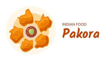 Indian food Paneer Pakora - fried chicken pieces with sauce on a plate. Tomato and Mint Chutney. Top view of snacks. National dish, traditional cuisine. Cooking with spices. illustration vector