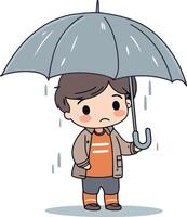 Boy with umbrella. Rainy weather in cartoon style. vector