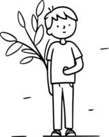 ilustración de un chico en pie con su brazos cruzado y participación un planta. vector