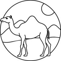 Illustration of camels in the desert. Coloring book for children and adults. Black and white vector