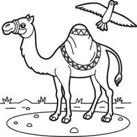 Illustration of camels in the desert. Coloring book for children and adults. Black and white vector