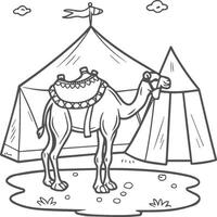 Illustration of camels in the desert. Coloring book for children and adults. Black and white vector