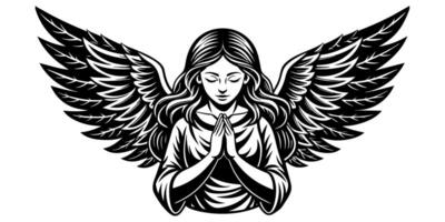 girl angel with wings praying stencil vector
