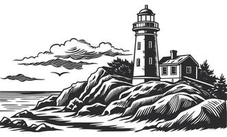 lighthouse on a rocky shore near the ocean engraving in one color on a white background vector