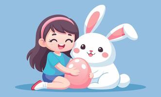 un linda pequeño niña se sienta y abrazos un grande felpa conejito juguete vector