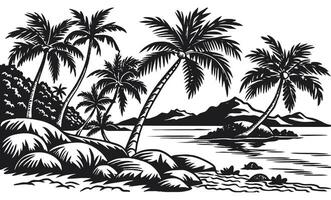 Coastal landscape with palm trees on the shore portrayed in a engraving vector