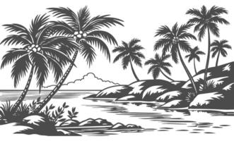 Coastal landscape with palm trees on the shore portrayed in a engraving vector