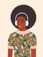 A young beautiful American woman in headphones listens to music. The concept of relaxation, good mood, rest. vector