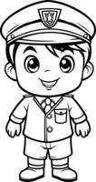 Black and White Cartoon Illustration of Cute Little Boy Captain Character for Coloring Book vector