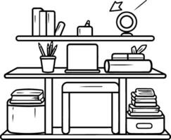 workplace desk with laptop and books illustration graphic design in black and white vector