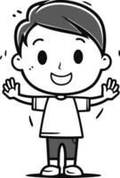 Illustration of a Kid Boy Waving His Hands - Black and White Cartoon Character vector