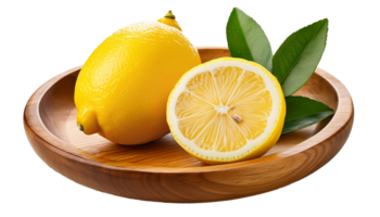 Fresh yellow lemons on a wooden plate png