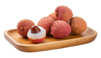whole and freshly opened lychees on a wooden plate png