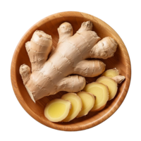 ginger and ginger slices in a small wooden bowl png