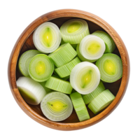 leeks in a wooden bowl photographed from above png