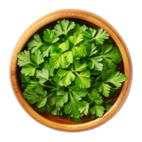 wooden bowl filled with fresh parsley leaves png