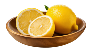 Fresh yellow lemons on a wooden plate png