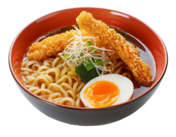 Special ramen with tempura topping and boiled egg on a bowl png