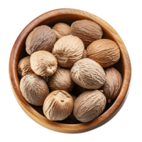 whole nutmeg in a small wooden bowl png