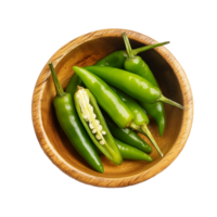 fresh green chilies in a wooden bowl png