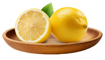 Fresh yellow lemons on a wooden plate png