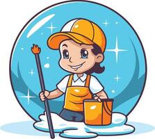 Cute cartoon boy cleaning snow with a mop. vector