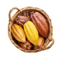 collection of tropical cocoa pods in a basket png