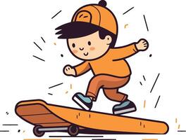 linda pequeño chico montando un patineta. dibujos animados ilustración. vector