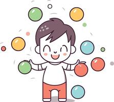 Cute boy playing with colorful balls in cartoon style. vector