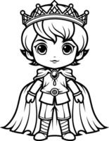 Cute cartoon princess with crown for coloring book. vector