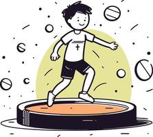 Boy playing volleyball on a round pool in cartoon style. vector