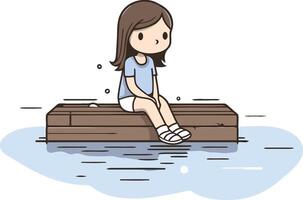 niña sentado en un de madera barco en el agua. vector