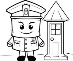 Cartoon illustration of a police officer standing next to a house. vector